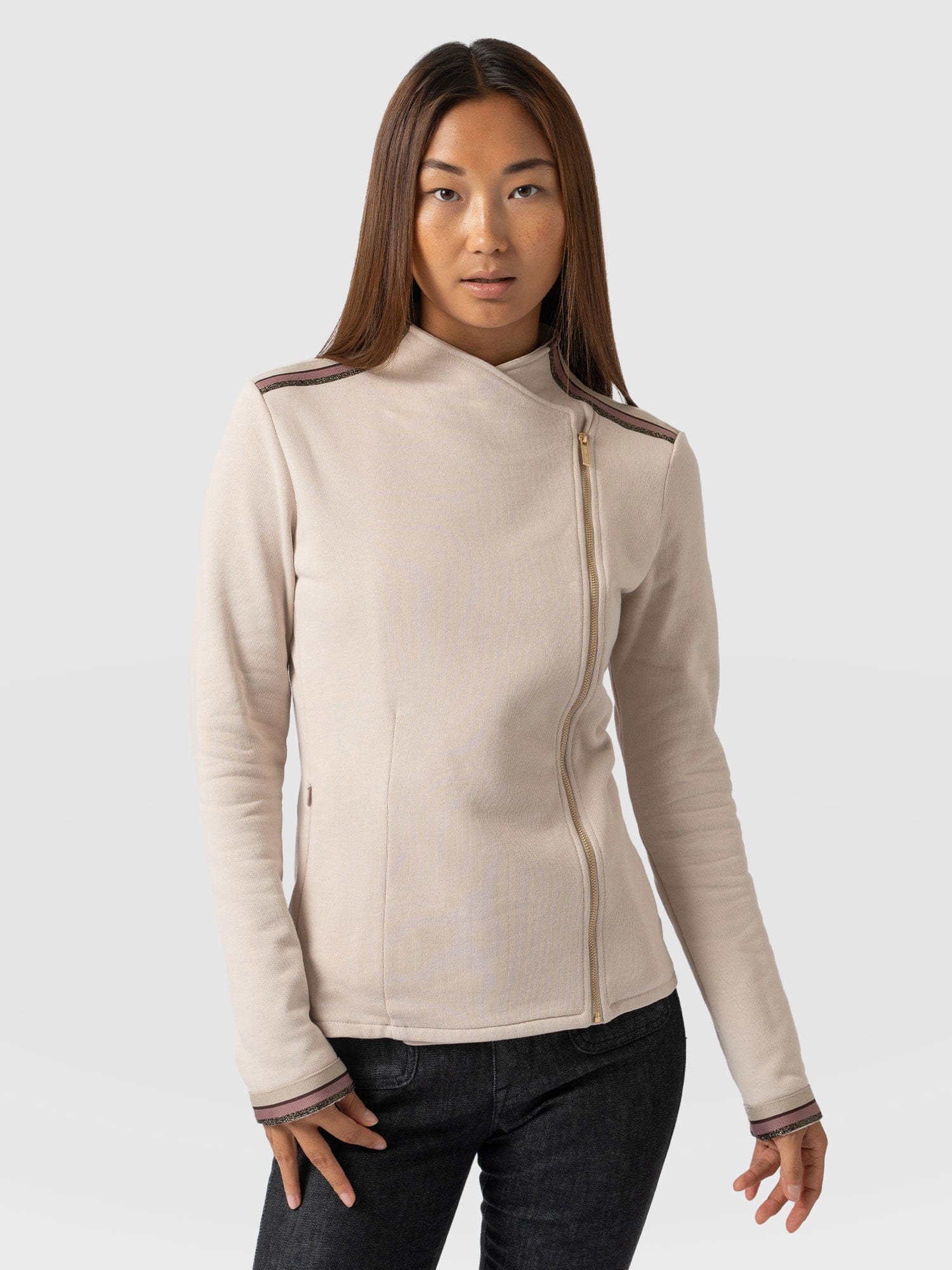 Cotton Biker Jacket Light Beige with Gold Lurex Tape - Women's Jackets | Saint + Sofia® USA